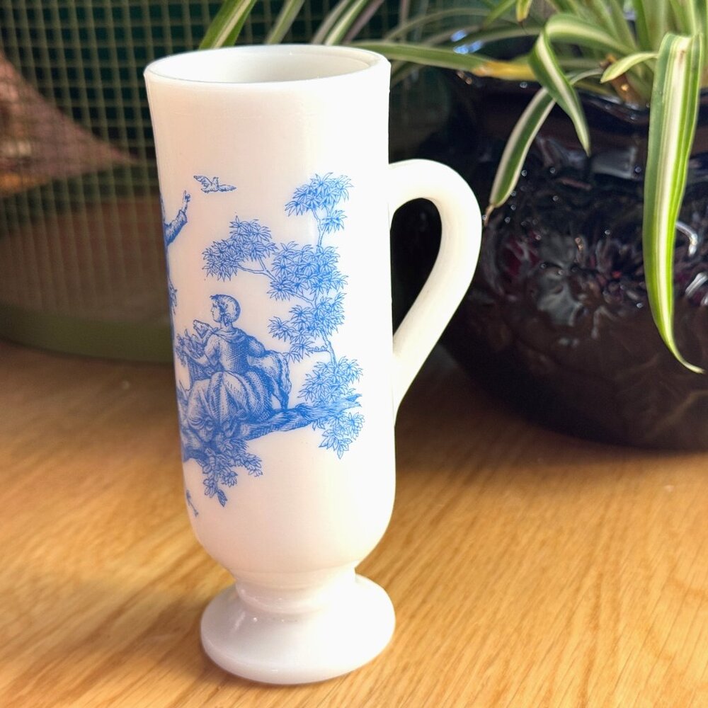 Avon Demitasse/Liqueur Footed Milk Glass Cup, Blue Toile Pattern, Vintage 1960s